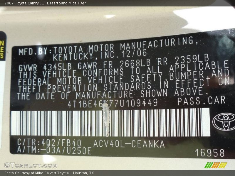 Desert Sand Mica / Ash 2007 Toyota Camry LE