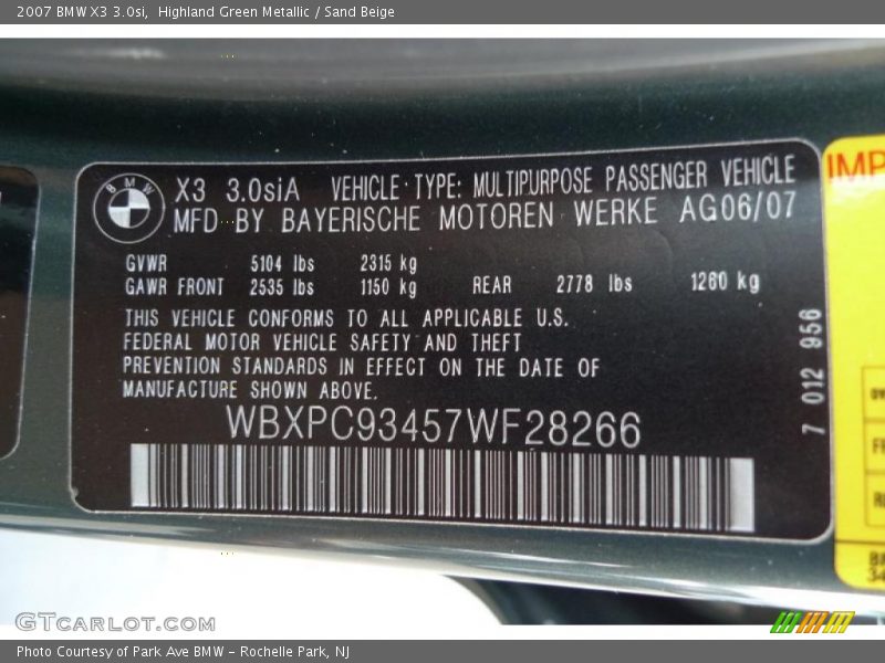 Highland Green Metallic / Sand Beige 2007 BMW X3 3.0si
