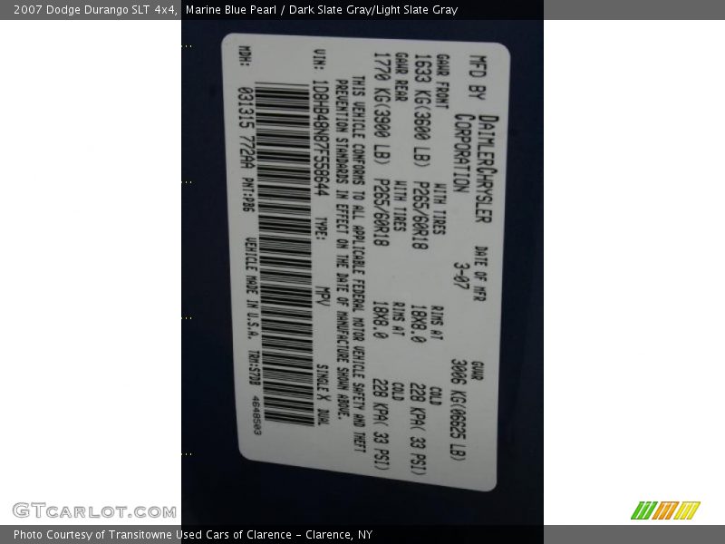 Marine Blue Pearl / Dark Slate Gray/Light Slate Gray 2007 Dodge Durango SLT 4x4
