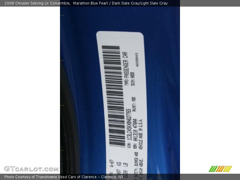 Marathon Blue Pearl / Dark Slate Gray/Light Slate Gray 2008 Chrysler Sebring LX Convertible