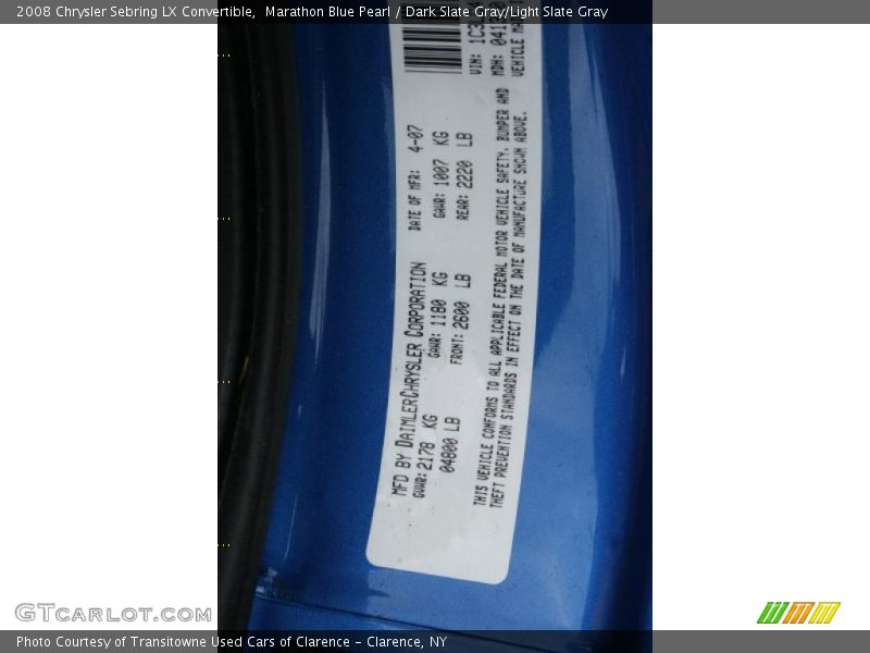 Marathon Blue Pearl / Dark Slate Gray/Light Slate Gray 2008 Chrysler Sebring LX Convertible