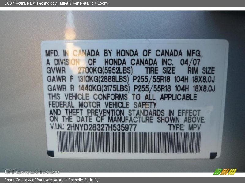 Billet Silver Metallic / Ebony 2007 Acura MDX Technology