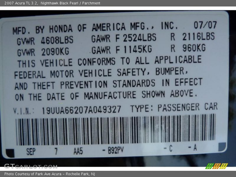 Nighthawk Black Pearl / Parchment 2007 Acura TL 3.2