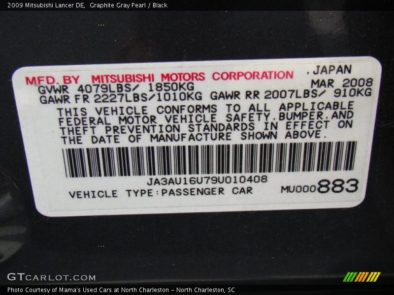 Graphite Gray Pearl / Black 2009 Mitsubishi Lancer DE