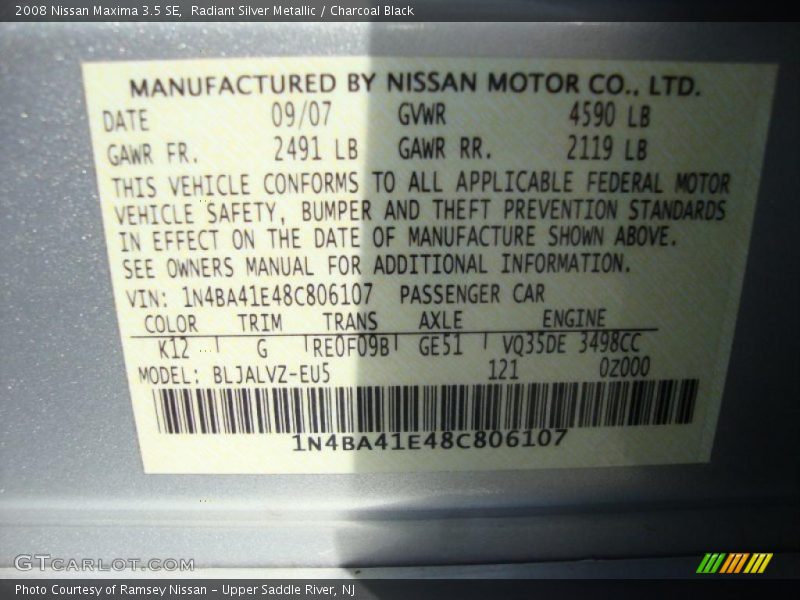 Radiant Silver Metallic / Charcoal Black 2008 Nissan Maxima 3.5 SE