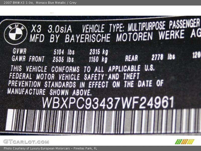 Monaco Blue Metallic / Grey 2007 BMW X3 3.0si