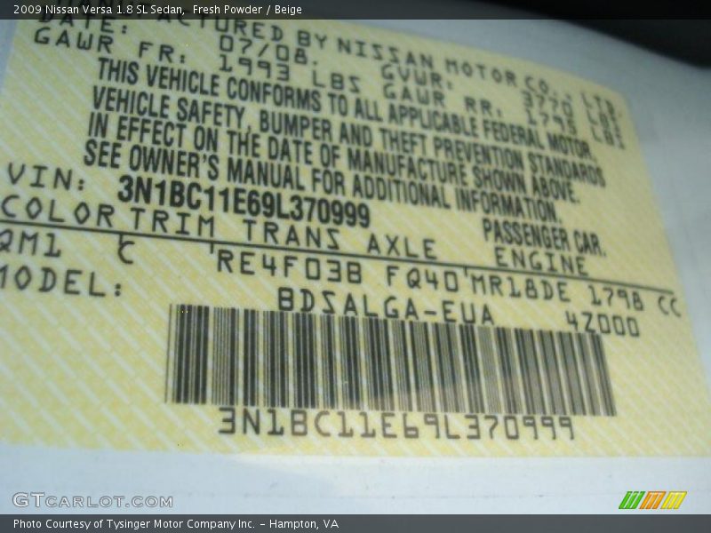 Fresh Powder / Beige 2009 Nissan Versa 1.8 SL Sedan