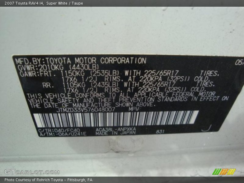 Super White / Taupe 2007 Toyota RAV4 I4