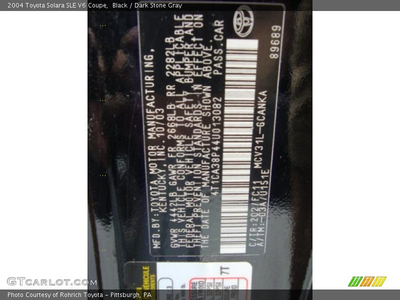 Black / Dark Stone Gray 2004 Toyota Solara SLE V6 Coupe