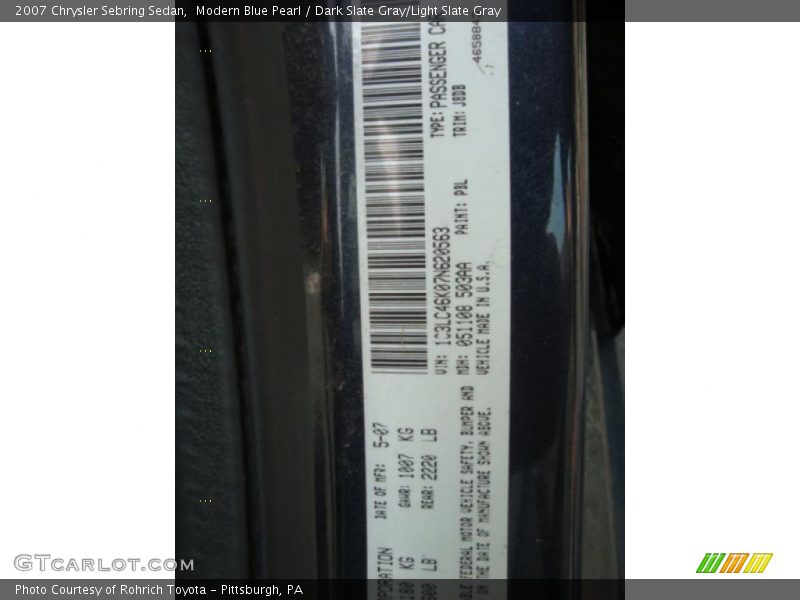 Modern Blue Pearl / Dark Slate Gray/Light Slate Gray 2007 Chrysler Sebring Sedan