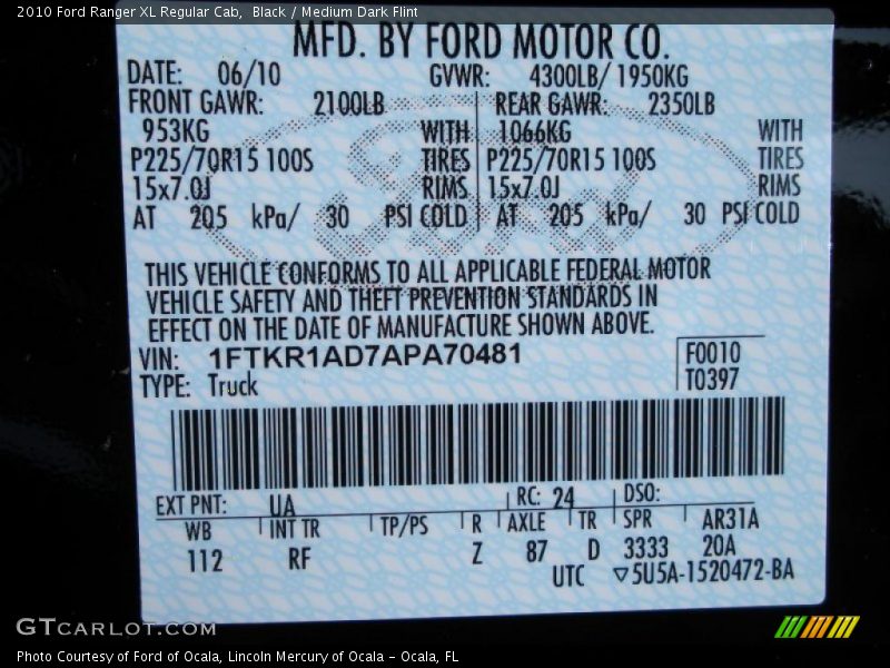 Black / Medium Dark Flint 2010 Ford Ranger XL Regular Cab
