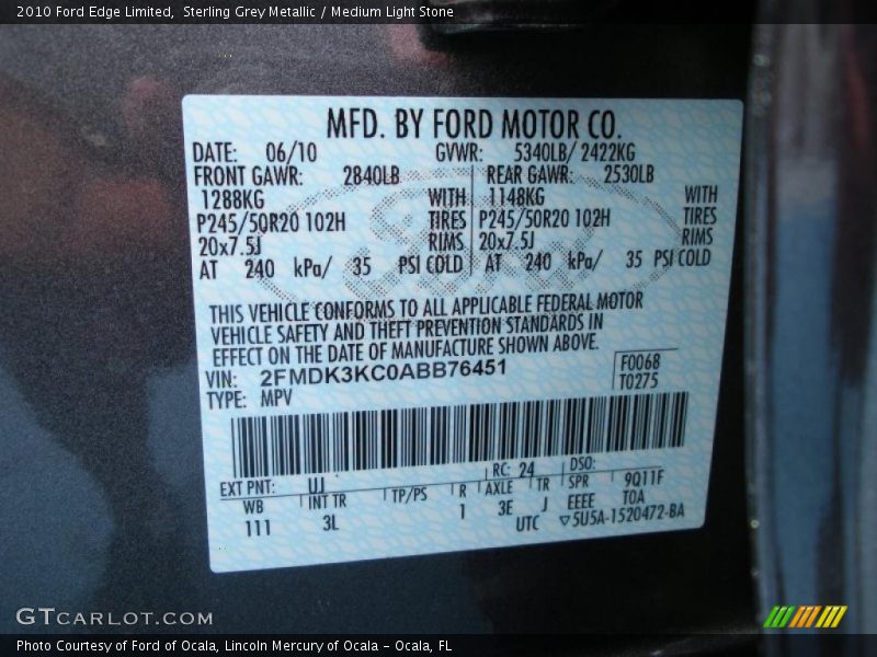 Sterling Grey Metallic / Medium Light Stone 2010 Ford Edge Limited