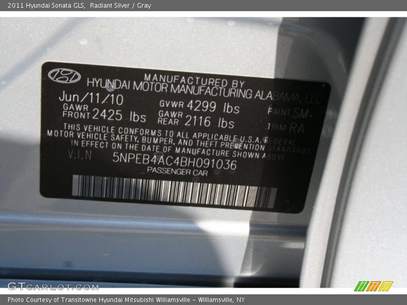 Radiant Silver / Gray 2011 Hyundai Sonata GLS