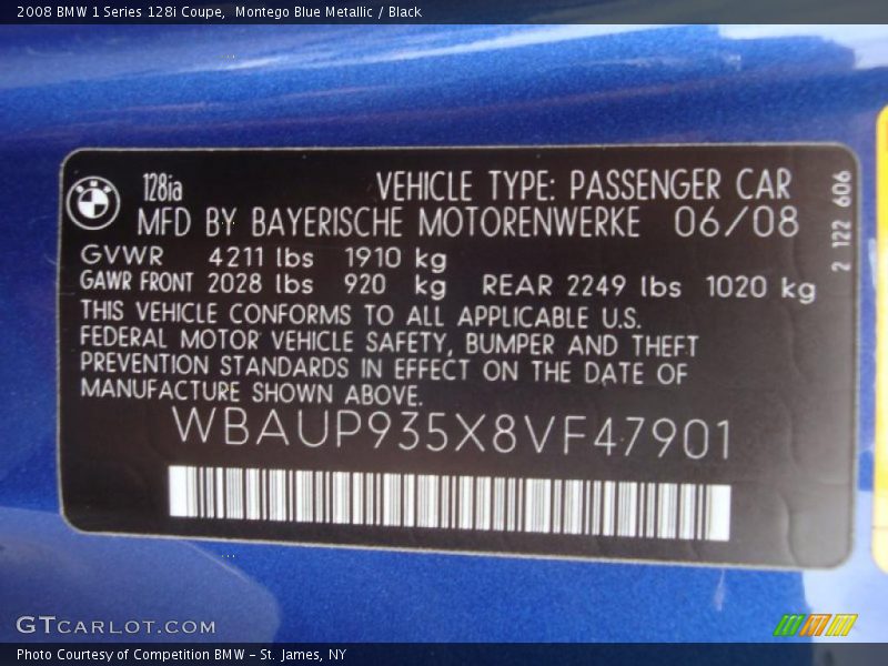 Montego Blue Metallic / Black 2008 BMW 1 Series 128i Coupe