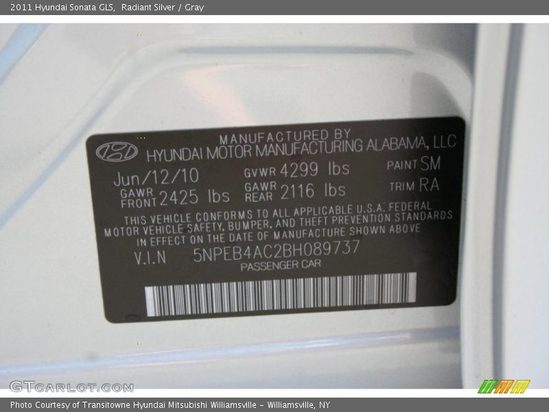 Radiant Silver / Gray 2011 Hyundai Sonata GLS