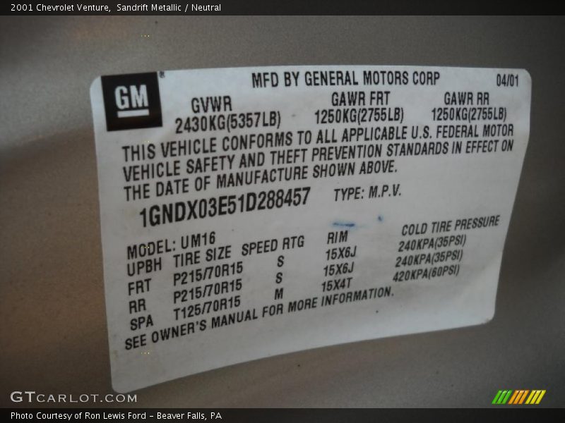 Sandrift Metallic / Neutral 2001 Chevrolet Venture