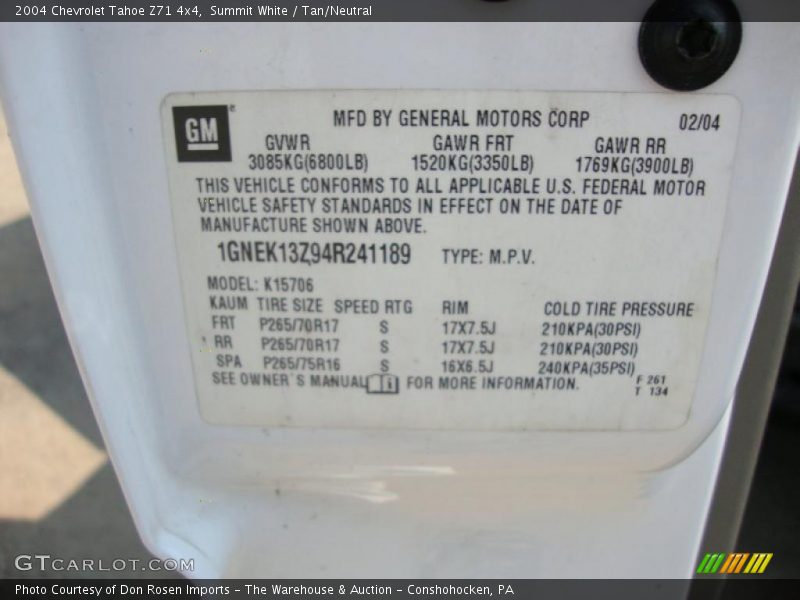 Summit White / Tan/Neutral 2004 Chevrolet Tahoe Z71 4x4
