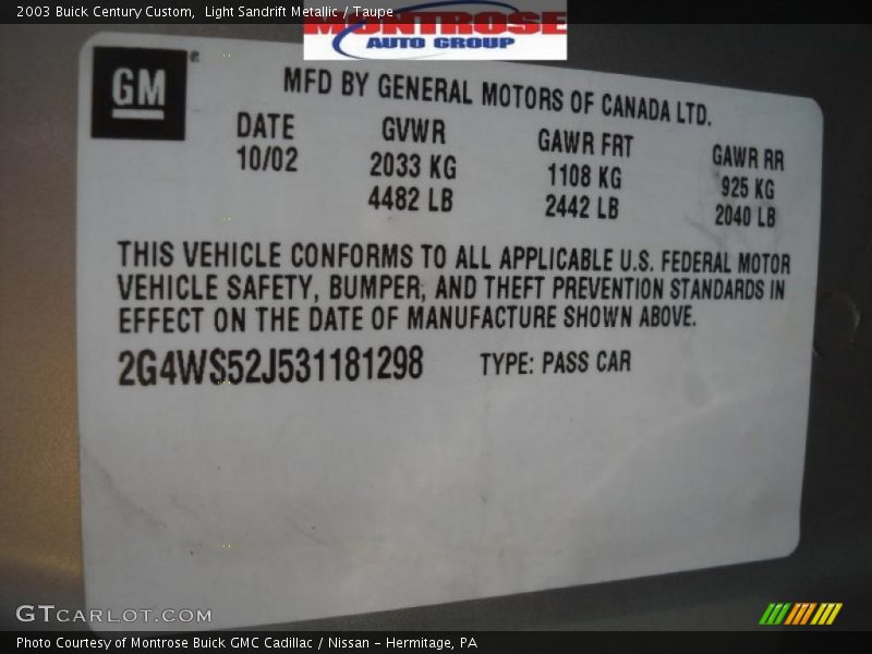 Light Sandrift Metallic / Taupe 2003 Buick Century Custom