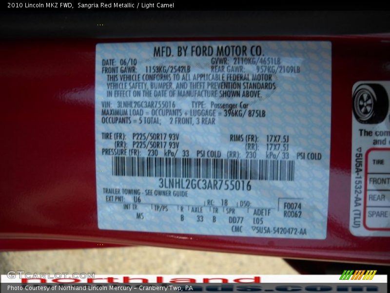 Sangria Red Metallic / Light Camel 2010 Lincoln MKZ FWD
