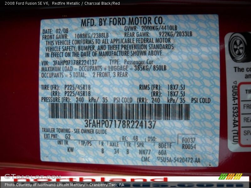 Redfire Metallic / Charcoal Black/Red 2008 Ford Fusion SE V6