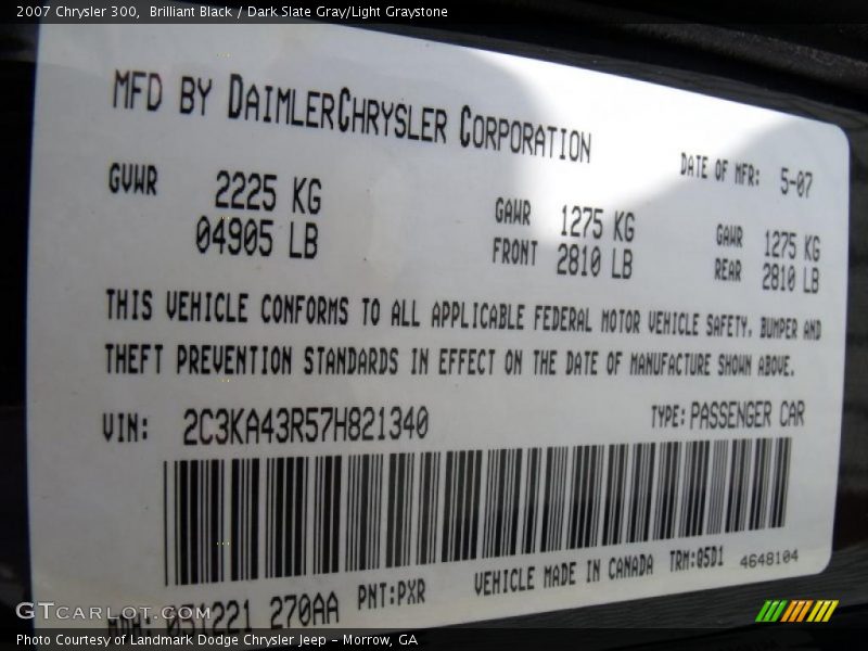 Brilliant Black / Dark Slate Gray/Light Graystone 2007 Chrysler 300