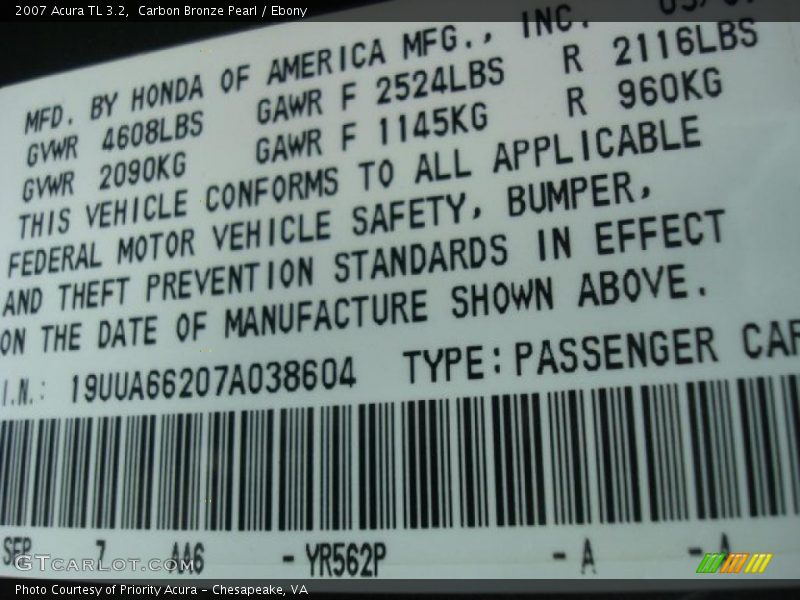 Carbon Bronze Pearl / Ebony 2007 Acura TL 3.2