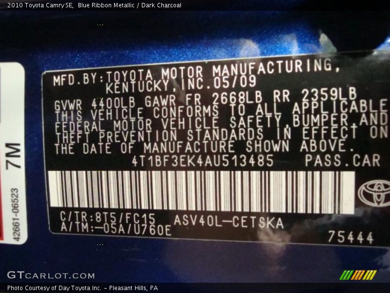 Blue Ribbon Metallic / Dark Charcoal 2010 Toyota Camry SE