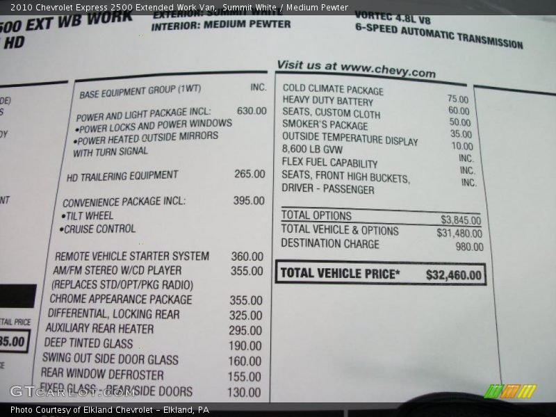 Summit White / Medium Pewter 2010 Chevrolet Express 2500 Extended Work Van