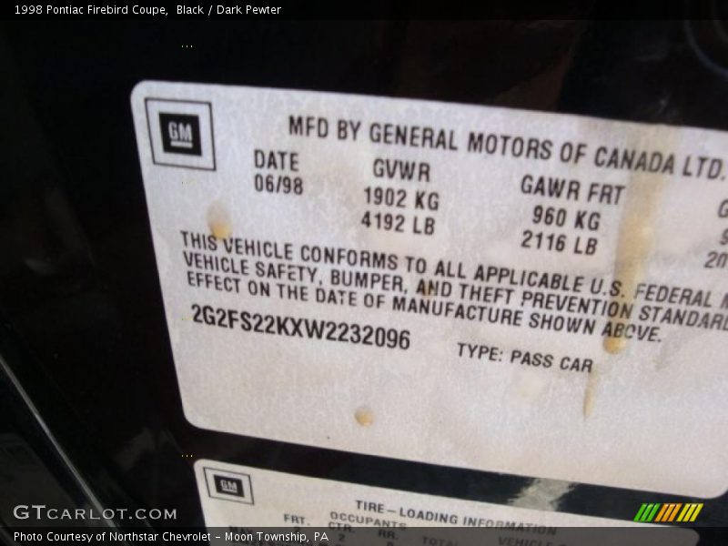 Black / Dark Pewter 1998 Pontiac Firebird Coupe