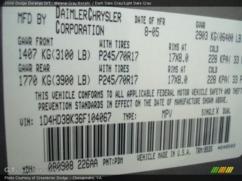 Mineral Gray Metallic / Dark Slate Gray/Light Slate Gray 2006 Dodge Durango SXT