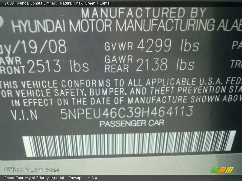 Natural Khaki Green / Camel 2009 Hyundai Sonata Limited
