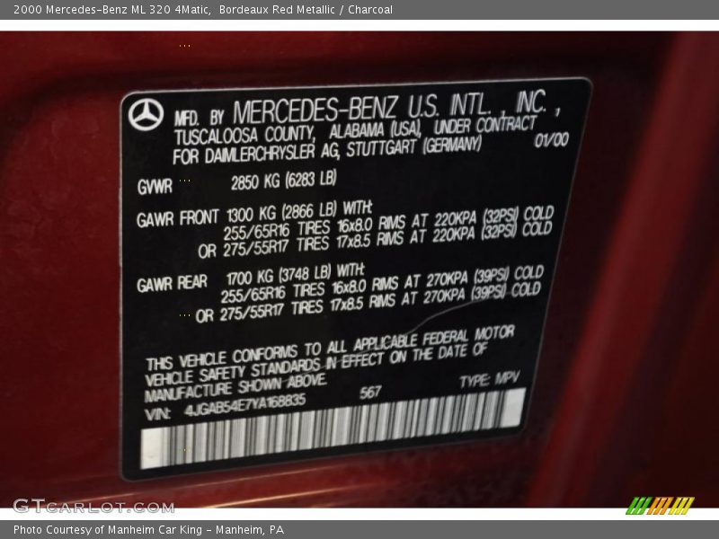 Bordeaux Red Metallic / Charcoal 2000 Mercedes-Benz ML 320 4Matic