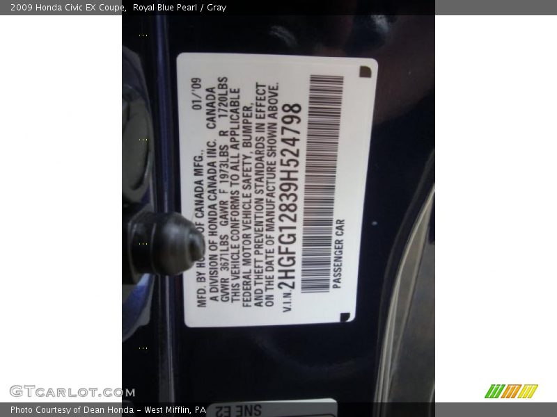 Royal Blue Pearl / Gray 2009 Honda Civic EX Coupe