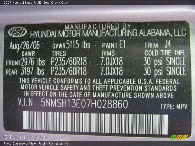 Steel Gray / Gray 2007 Hyundai Santa Fe SE