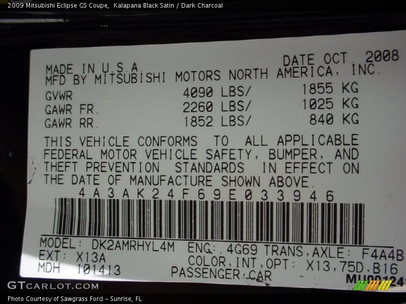 Kalapana Black Satin / Dark Charcoal 2009 Mitsubishi Eclipse GS Coupe
