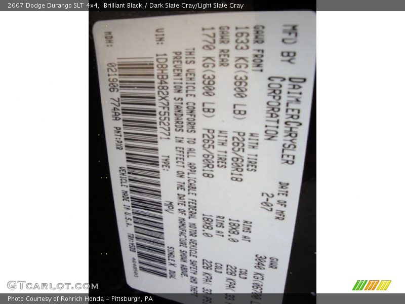 Brilliant Black / Dark Slate Gray/Light Slate Gray 2007 Dodge Durango SLT 4x4