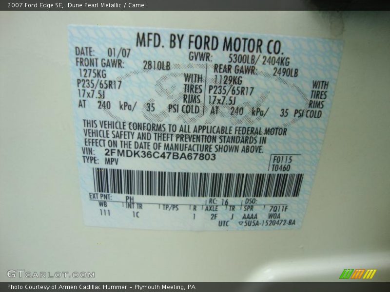 Dune Pearl Metallic / Camel 2007 Ford Edge SE