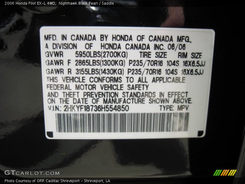 Nighthawk Black Pearl / Saddle 2006 Honda Pilot EX-L 4WD