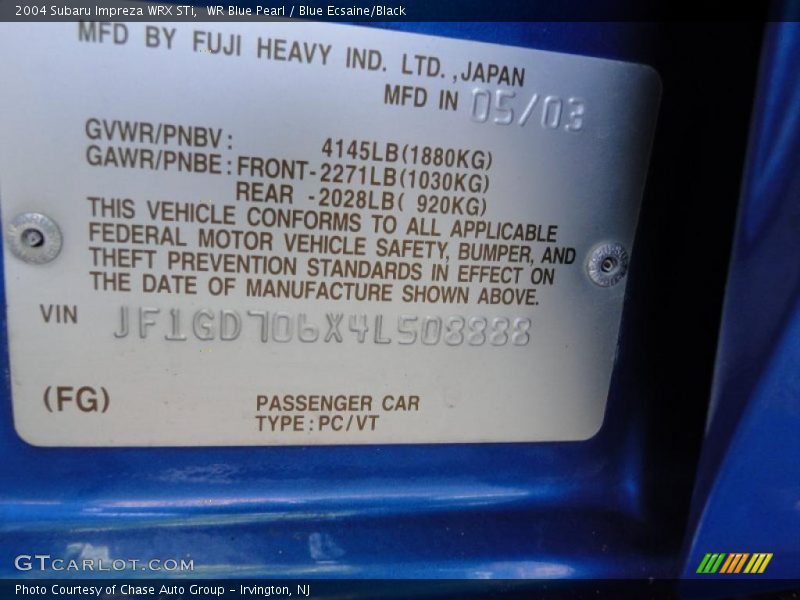 WR Blue Pearl / Blue Ecsaine/Black 2004 Subaru Impreza WRX STi