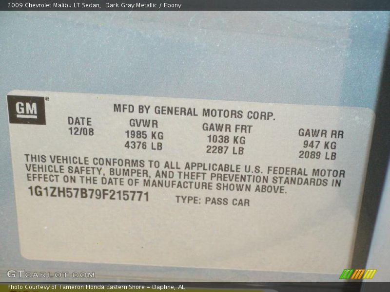 Dark Gray Metallic / Ebony 2009 Chevrolet Malibu LT Sedan