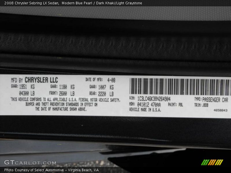 Modern Blue Pearl / Dark Khaki/Light Graystone 2008 Chrysler Sebring LX Sedan