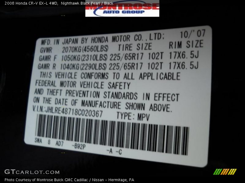 Nighthawk Black Pearl / Black 2008 Honda CR-V EX-L 4WD