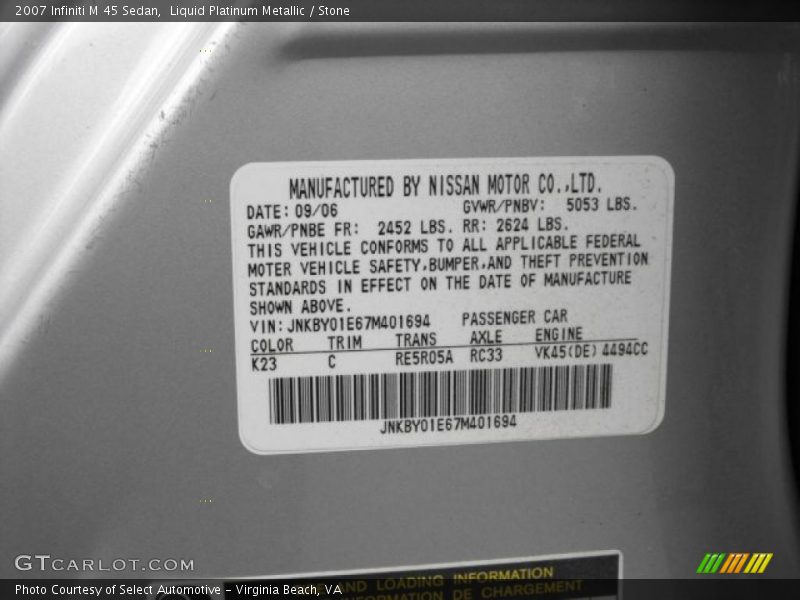 Liquid Platinum Metallic / Stone 2007 Infiniti M 45 Sedan