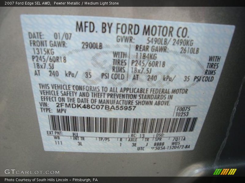 Pewter Metallic / Medium Light Stone 2007 Ford Edge SEL AWD