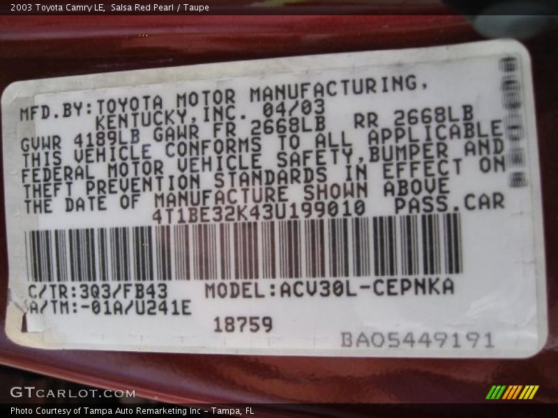 Salsa Red Pearl / Taupe 2003 Toyota Camry LE