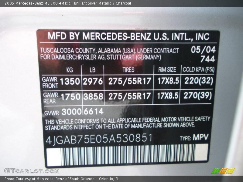 Brilliant Silver Metallic / Charcoal 2005 Mercedes-Benz ML 500 4Matic