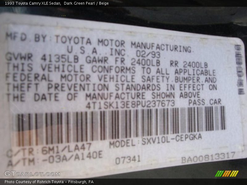 Dark Green Pearl / Beige 1993 Toyota Camry XLE Sedan