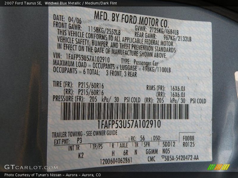 Windveil Blue Metallic / Medium/Dark Flint 2007 Ford Taurus SE