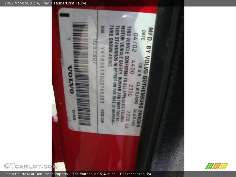 Red / Taupe/Light Taupe 2002 Volvo S60 2.4
