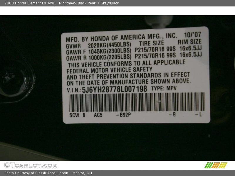 Nighthawk Black Pearl / Gray/Black 2008 Honda Element EX AWD